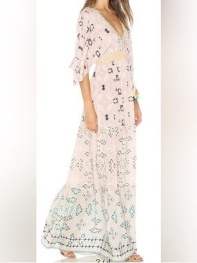 HEMANT & NANDITA Pale Pink Printed V-Neck Maxi Dress with Mint Accents